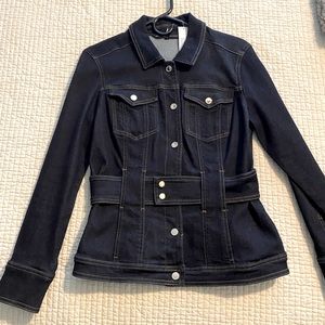 White House Black Market belted denim jacket. Dark rinse color. Size 8
